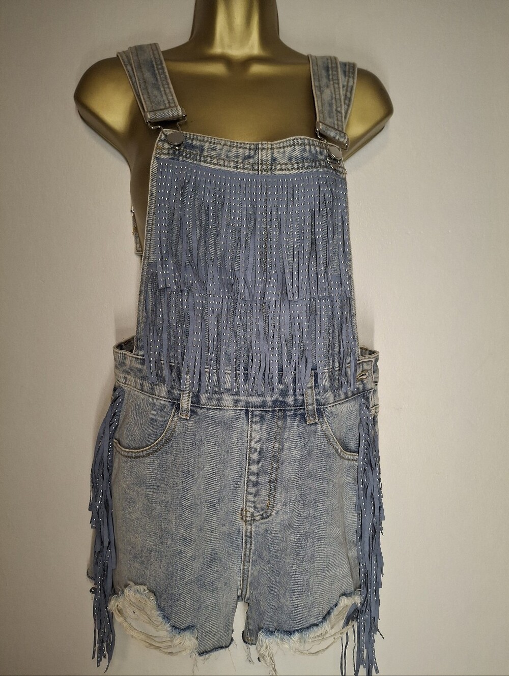 Fringed Light Wash Denim Short Overalls
